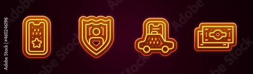 Set line Taxi mobile app, Life insurance with shield, and Stacks paper money cash. Glowing neon icon. Vector