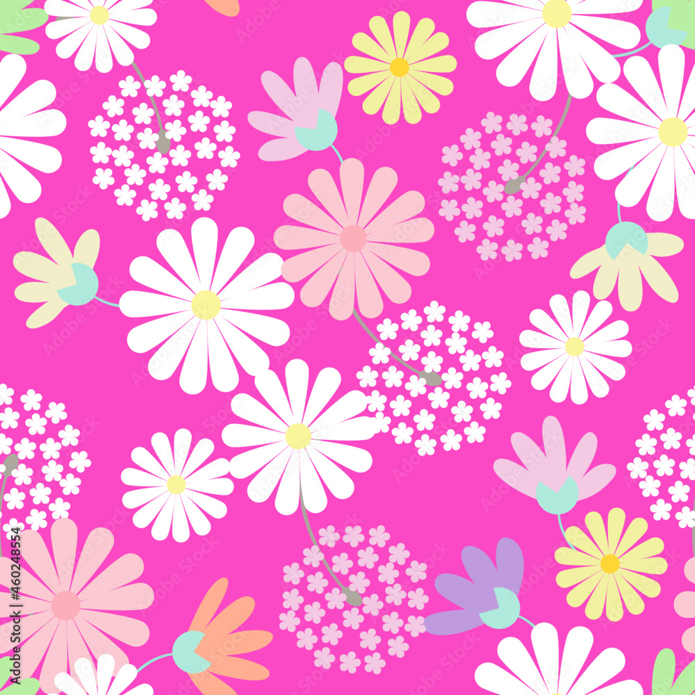 White pink yellow daisy petal flower blossom vector seamless pattern