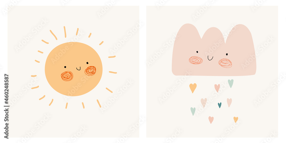 Cute Nursery Vector Art with Smiling Sun, Fluffy Cloud and Colorful ...