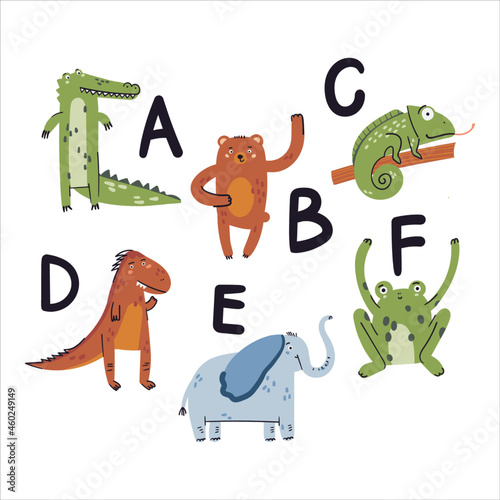 Cute card with letters with animals vector illustration. Alligator, bear, chameleon, dinosaur, elephant, frog doodle drawings on white background. Flat wild and sea animals, vector alphabet print