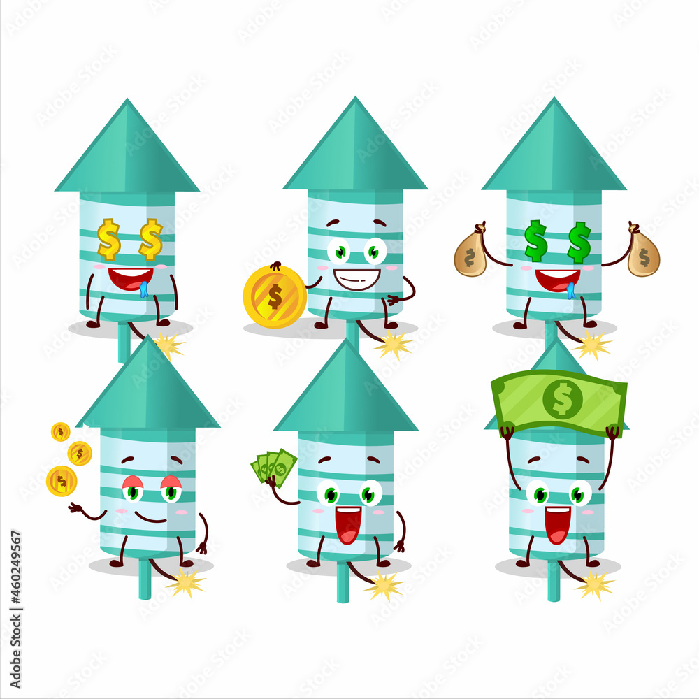 Rocket firework green cartoon character with cute emoticon bring money