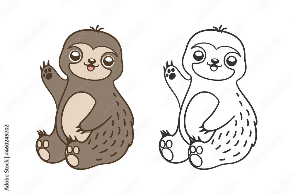 Cute happy waving sloth colored and line art outline clipart set flat vector illustration. Animal mammal easy simple coloring book page activity worksheet for kids.