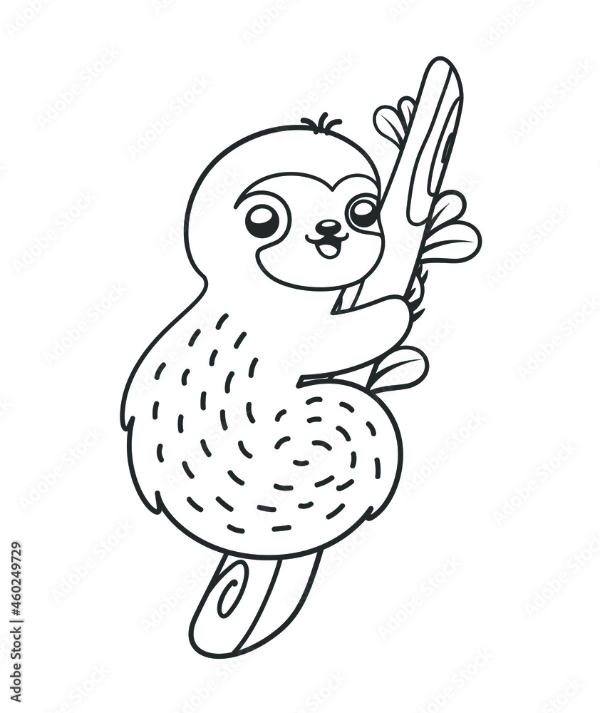Cute happy sloth holding onto a branch line art outline clipart vector ...