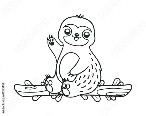 Cute waving sloth sitting on a branch line art outline clipart vector illustration. Animal mammal easy simple coloring book page activity worksheet for kids.