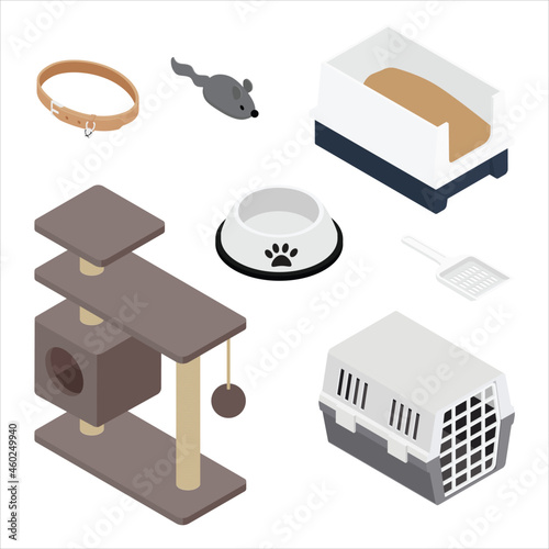 Pet accessories food bowl, collar, pet carrier, cat tree house with scratching post, toy and litter box vector icon set isometric view.