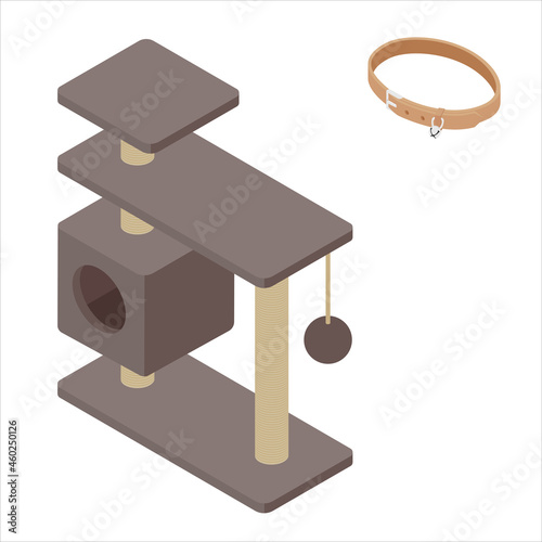 Pet accessories collar and cat tree house with scratching post