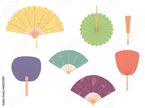 Asian fans. Colored hand traditional fan set isolated on white background. Paper folding painting vector fans