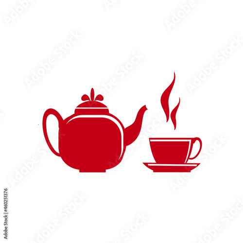 Teapot and cup icon in red isolated on white background. The tea ceremony or coffee monochrome vector illustration. 