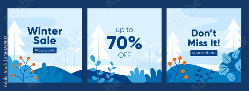 Flat design winter sale promotion square banner set. Social media post and feed template