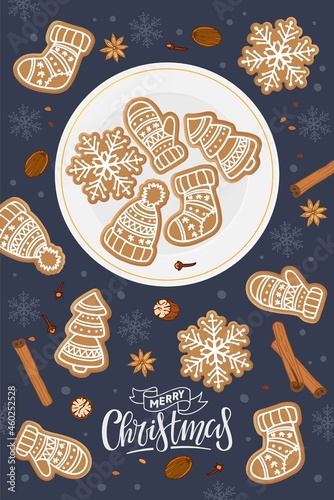 Merry Christmas card with Gingerbread cookies and handwritten lettering. Traditional Christmas baking with glaze drawing on snowy dark blue background. Flat vector isolated. plate with cookies