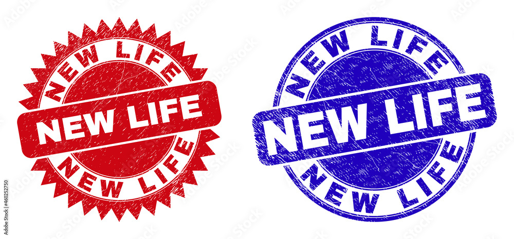 Round and rosette NEW LIFE stamps. Flat vector grunge seal stamps with NEW LIFE title inside round and sharp rosette form, in red and blue colors. Watermarks with unclean style, on a white background. Round and rosette NEW LIFE stamps. Flat vector grunge seal stamps with NEW LIFE title inside round and sharp rosette form, in red and blue colors. Watermarks with unclean style, on a white background.