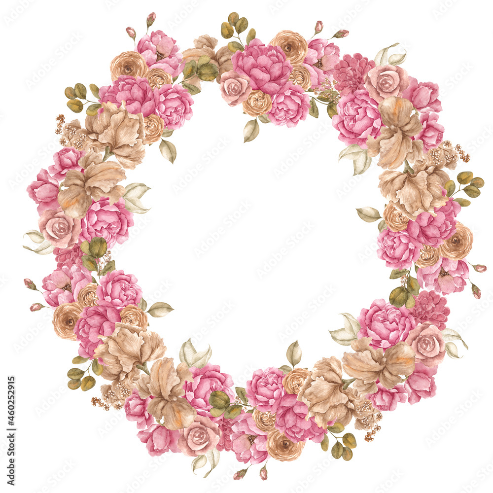 Watercolor fall wreath with autumn floral, isolated on white background
