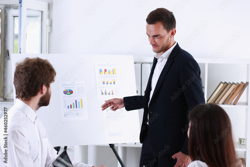 Group of people deliberate on white board problem Group of people deliberate on white board problem