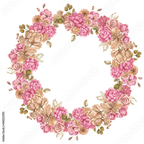 Watercolor fall wreath with autumn floral, isolated on white background