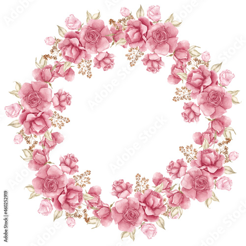 Watercolor fall wreath with autumn floral, isolated on white background