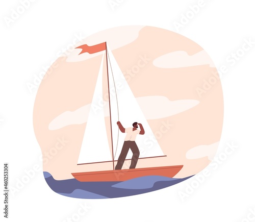 Hope for success in future concept. Bold person travel in sailboat, looking, searching and exploring career directions. Man with aspirations and goals. Flat vector illustration isolated on white
