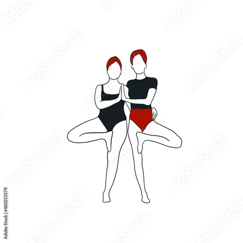 Two women practice yoga. Asana. Healthy lifestyle. Hand drawn outline control female silhouette. 