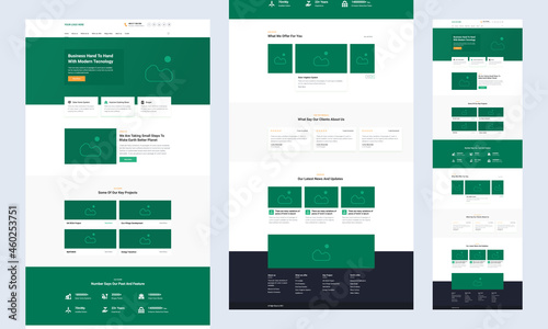 One-page website design template for landing page wireframe. Modern responsive UI design. website: home, about us, key project, features, fun fact, offer, testimonials, blog, footer.