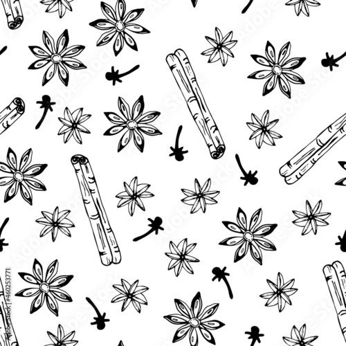 Anis star and spices seamless pattern. Hand drawn.