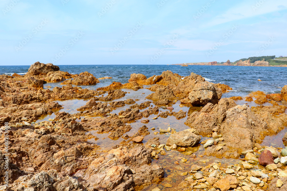 ダイナミックな海岸。大岩海岸の岩場と日本海の風景。青森県西津軽郡深浦町。