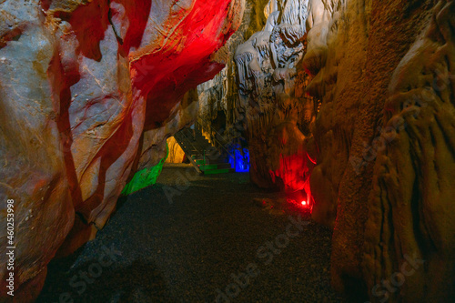 The interior of the cave. Ancient formations of stone. Touristic hiking route. Concept of excursions and attractions. (Cuceler magarasi) Tirilar, Sapadere, Alanya photo