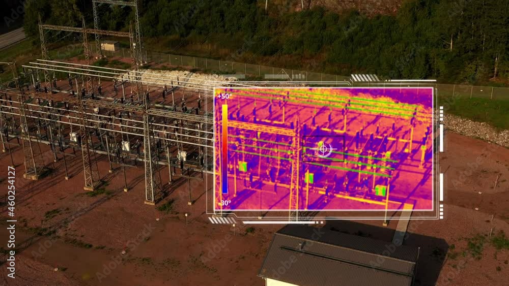 Thermal camera drone analyzing a electrical power station - 3d render animation