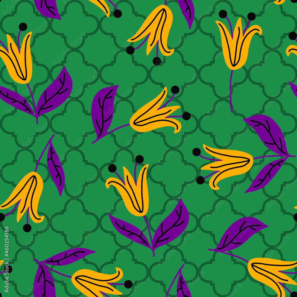 Obraz premium Abstract Hand Drawing Oriental Traditional Tulips and Leaves Seamless Vector Pattern with Moroccan Tile Background
