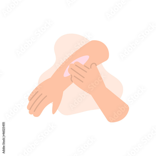 illustration of a hand applying lotion to the other hand. skin care, wearing sunscreen, moisturizing the skin. vitamin. flat cartoon style. vector design