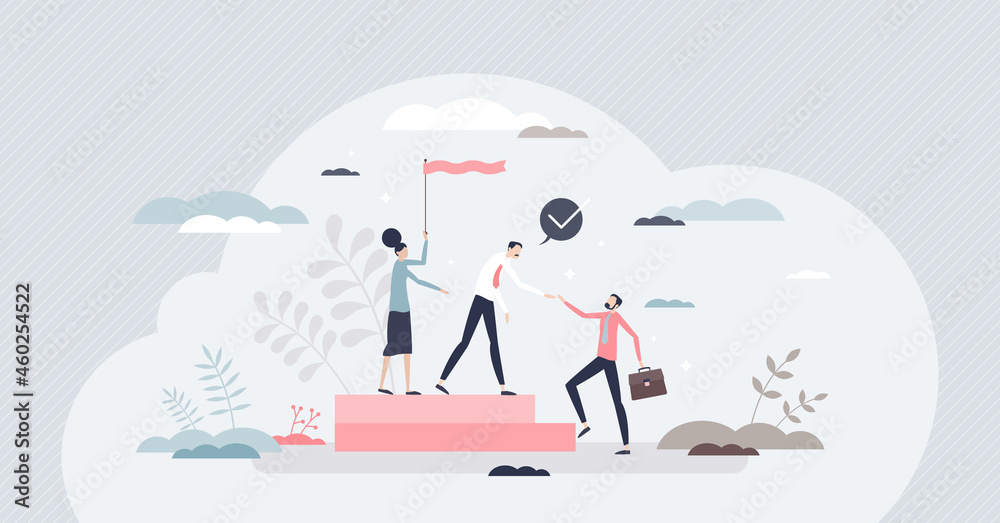 Onboarding colleague as introduction team with new member tiny person concept. Employee adaption in work place and rules instruction to join company vector illustration. Human resource hire process.