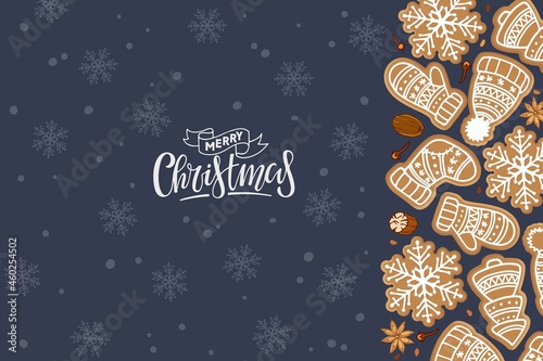 Merry Christmas card with Gingerbread cookies border and handwritten lettering. Traditional Christmas baking with glaze drawing on snowy dark blue background. Flat vector isolated.