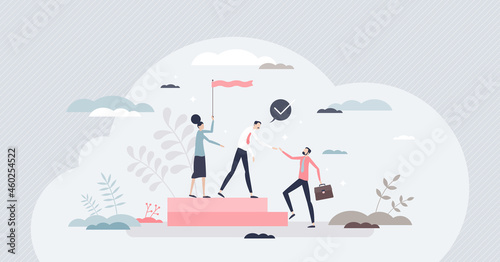 Onboarding colleague as introduction team with new member tiny person concept. Employee adaption in work place and rules instruction to join company vector illustration. Human resource hire process. photo