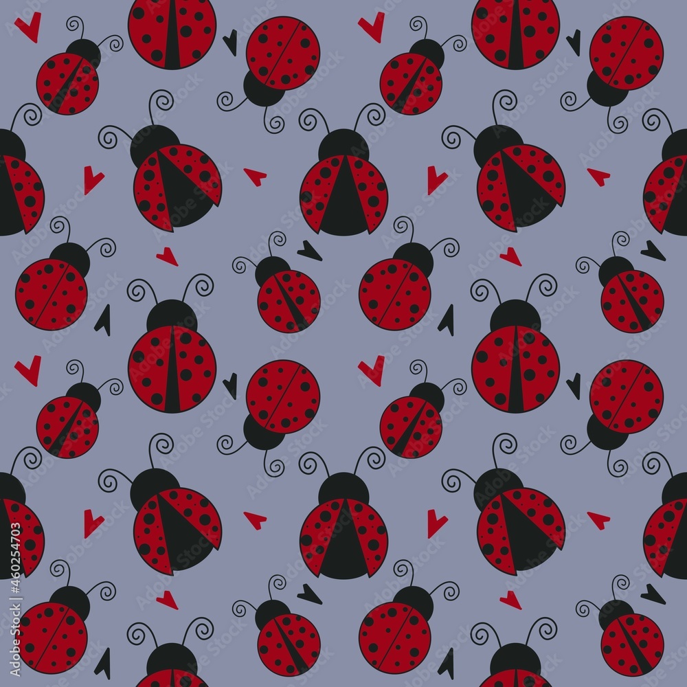 Cute Ladybug and hearts Seamless Pattern Background