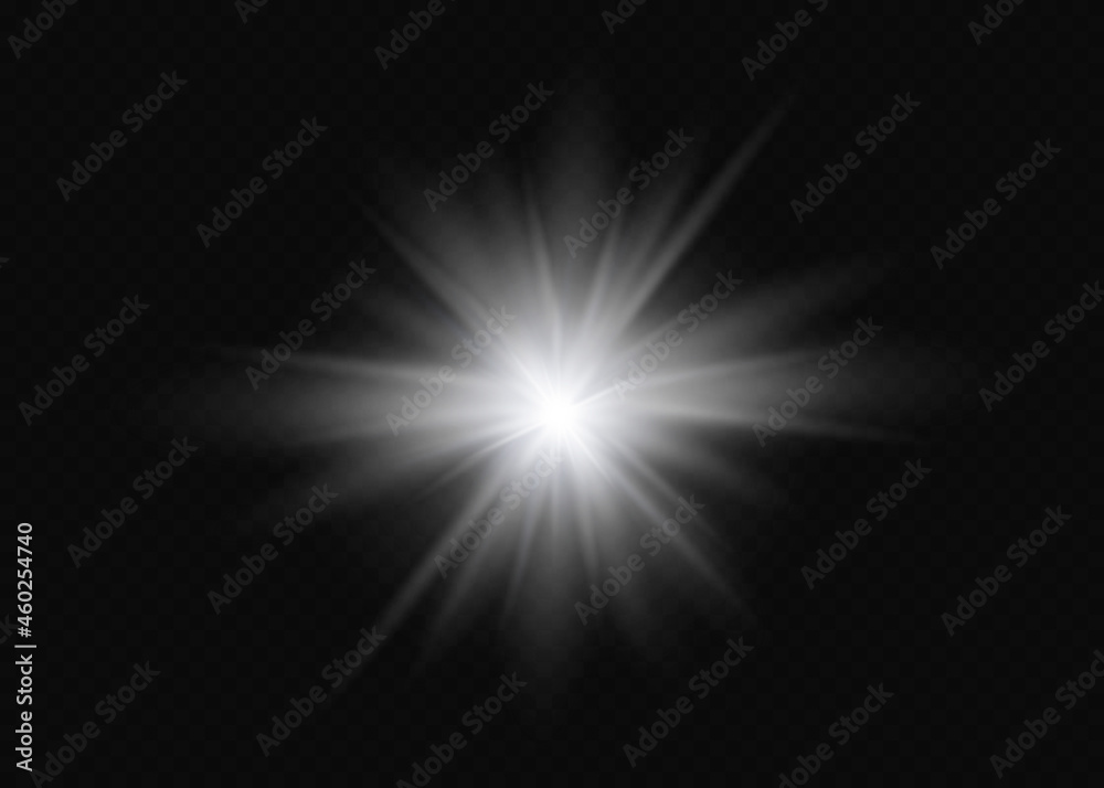 White glowing light explodes on a transparent background. Vector illustration of light decoration effect with ray. Bright Star.