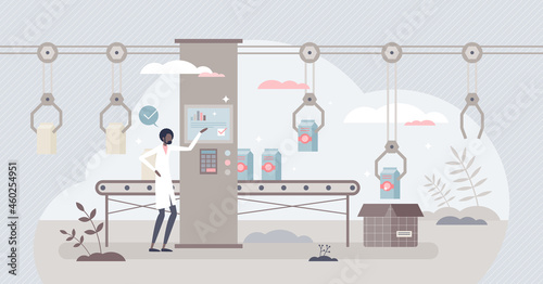 Food production and automated dairy manufacturing process tiny person concept. Grocery supply chain system with packaging conveyor in modern 4.0 factory vector illustration. Milk industry monitoring.