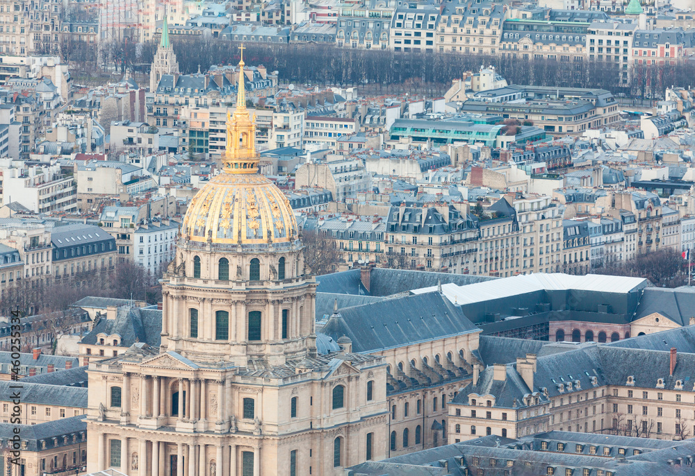 Golden cupola of Les Invalides . Central 7th arrondissement of Paris . Aerial view of Paris downtown
