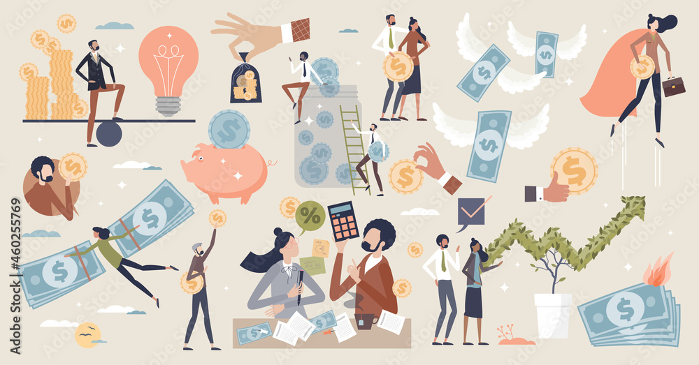 Personal finance and economical money items in tiny person collection set. Family budget savings and bank account calculation for tax payer vector illustration. Cash earnings and spending elements. Personal finance and economical money items in tiny person collection set. Family budget savings and bank account calculation for tax payer vector illustration. Cash earnings and spending elements.