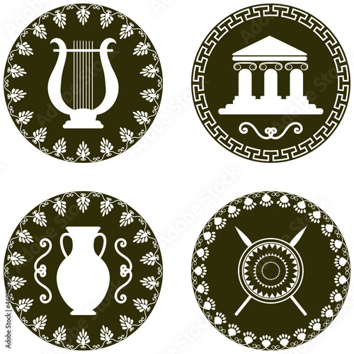 Set of antique logos with amphora, temple, shield and spears, cithern. The symbols of Greece
