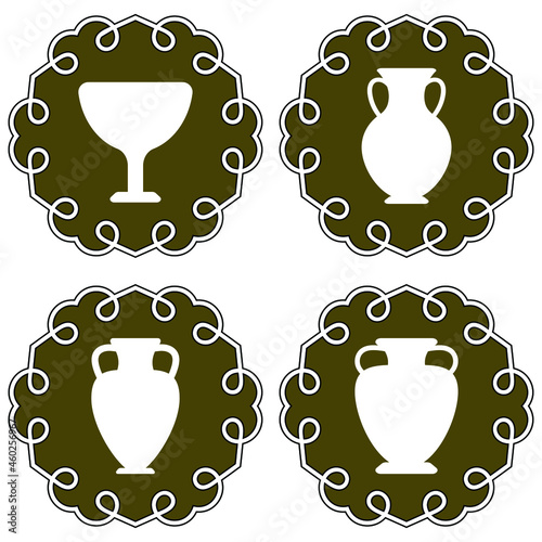 Set of ancient logos with greek antiquity vases for olive oil and wine. Vector greek flat urns collection. Amphora and cup icons