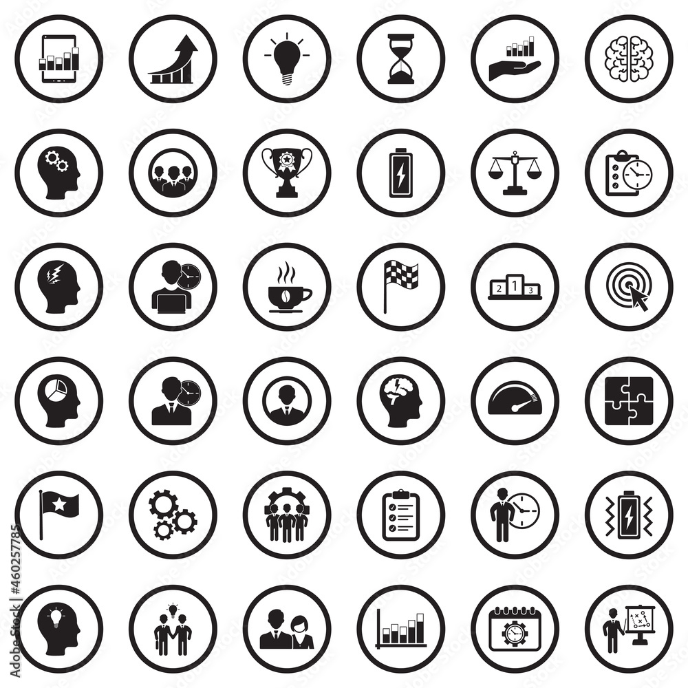 Business Productivity Icons. Black Flat Design In Circle. Vector Illustration.