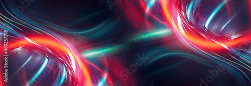 Bright abstract background, banner with abstract elements. Neon fantastic background, space background. Futuristic neon banner, bright multicolored lines, rays. 
