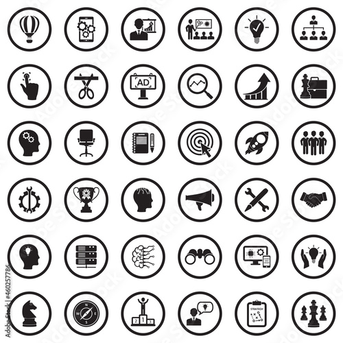 Business Start Up Icons. Black Flat Design In Circle. Vector Illustration.