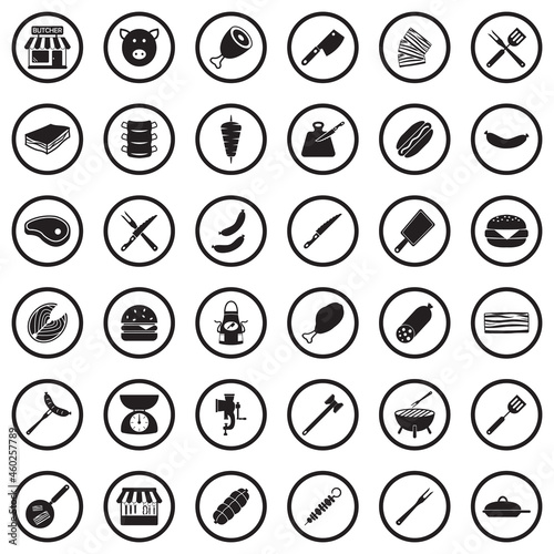 Butcher Icons. Black Flat Design In Circle. Vector Illustration.