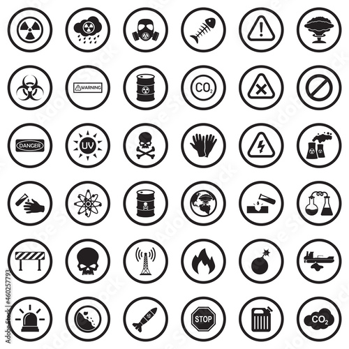 Biohazard And Danger Icons. Black Flat Design In Circle. Vector Illustration.