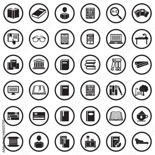 Books And Reading Black Flat Design In Circle. Vector Illustration.