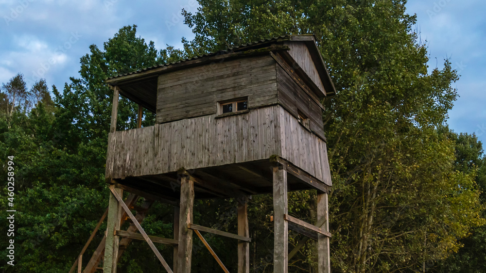 A shooting and observation tower for hunting in the forest at dusk. Active leisure concept. A shooting and observation tower for hunting in the forest at dusk. Active leisure concept.
