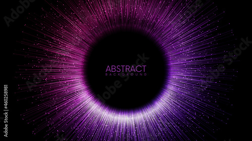Rays or lines with glowing particles fly out of black hole. Abstract vector background with place for your content. Easy to change colors