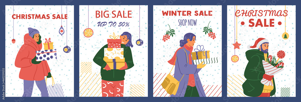 Vector set of Christmas sale cards with happy people holding gift boxes.