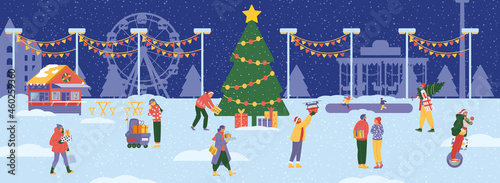 Winter amusement park scene with big Christmas tree and people around with gift boxes. Flat vector horizontal banner.