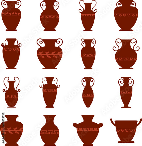 Collection of sixteen logos with antiquity urns. Vector ancient greek vases set in traditional colors. Amphora symbol
