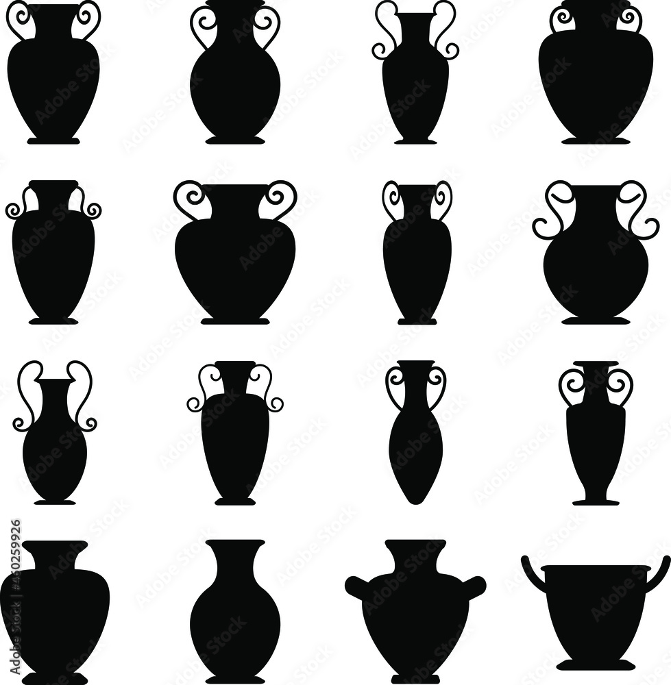 Vector ancient black greek vases set. Collection of urns. The symbols ...